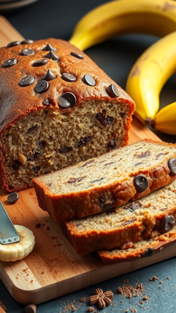 Delicious Banana Bread Variations Sliced banana bread with chocolate chips and walnuts on a cutting board, surrounded by bananas and cinnamon.